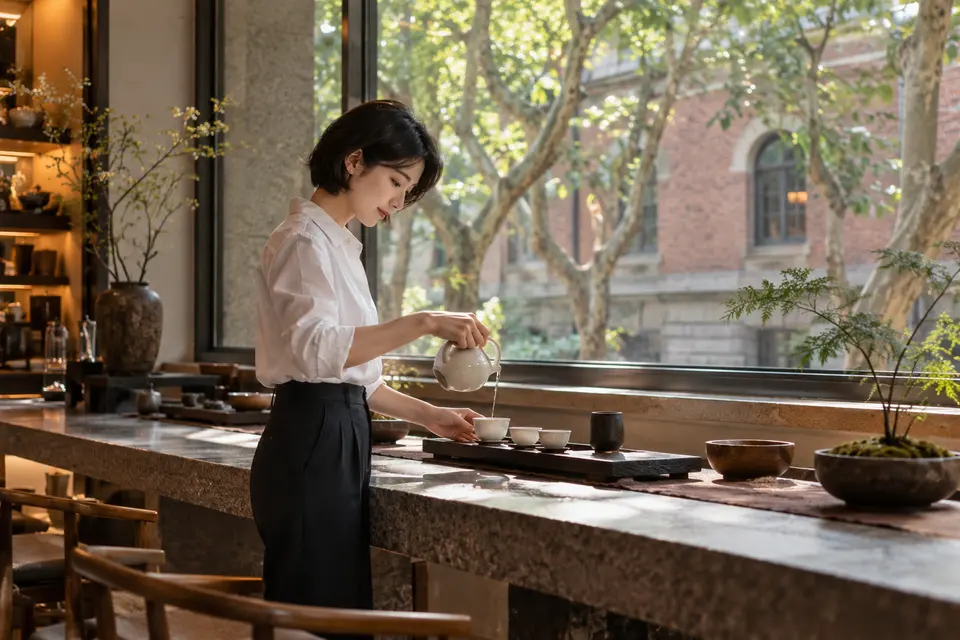 都市梧桐街区茶室内，白瓷茶具与倒茶场景